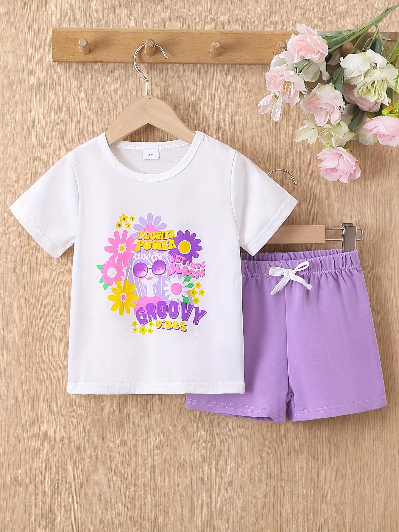 

Summer two-piece short-sleeved girls T-shirt set for 4-7 years old with lettered and flowered print, short-sleeved plain pants set 7Y білий