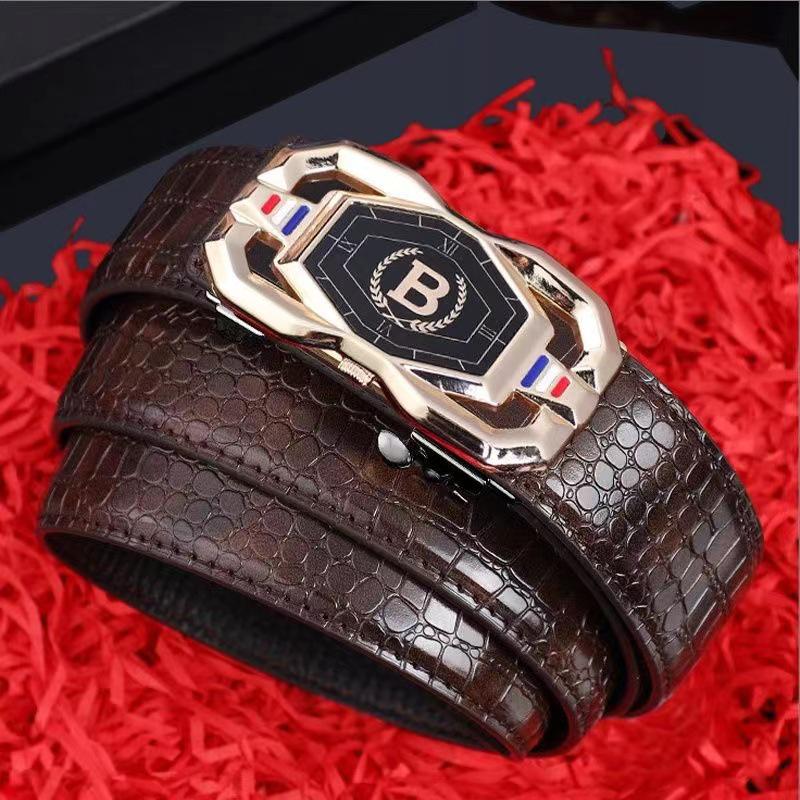 Men's Crocodile Pattern Leather Belt with Automatic Buckle - Cowhide Business Style Waist Belt