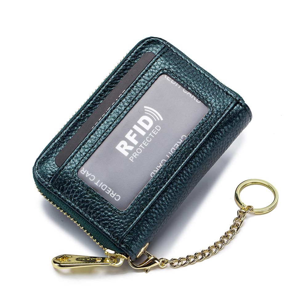 Genuine Leather Men Women Rfid Credit Card Holder Small Zipper Wallet Solid Coin Purse Key Ring ID Pocard Slot Mini Money Bag