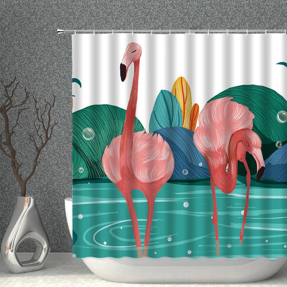 Flamingo Shower Curtains Green Leaf Pink Heart-Shaped Waterproof Polyester Cloth Curtain Set With Hooks Nordic Bath Room Decor