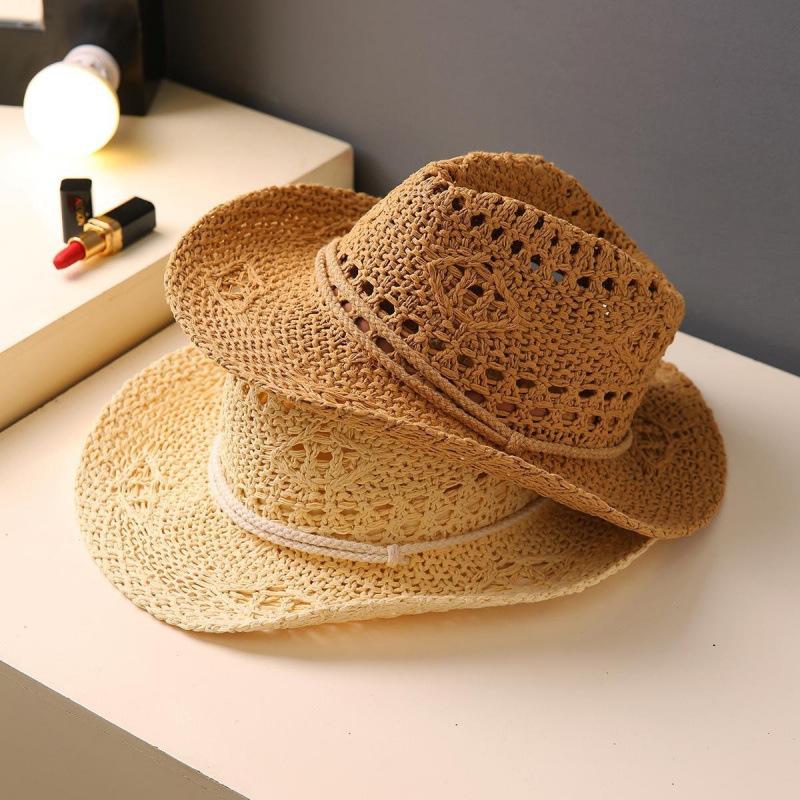 New Hand-woven Straw Hat Women's Hollow Spring and Summer Breathable Women's Couple Hat Sunscreen Western Cowboy Hat