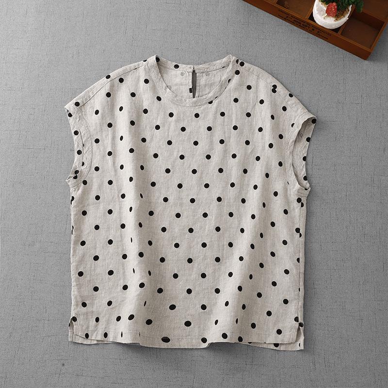 Artistic Retro Polka Dot Cotton Linen Short Sleeve T-shirt - 2025 Summer Collection XL абрикосовый