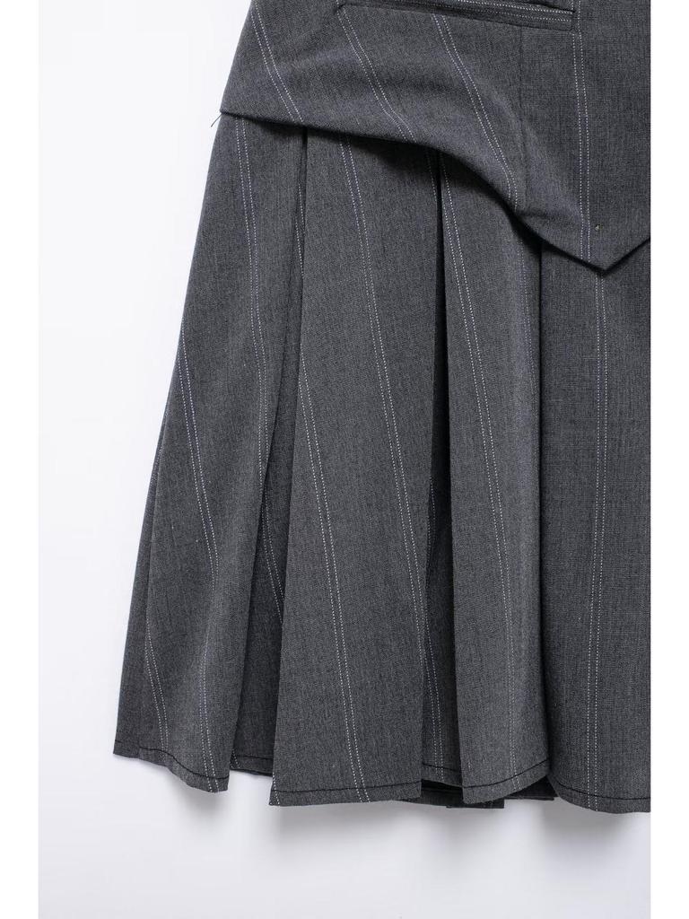 2024 Autumn Women's French V-neck Sleeveless Pleated Striped Vest Dress