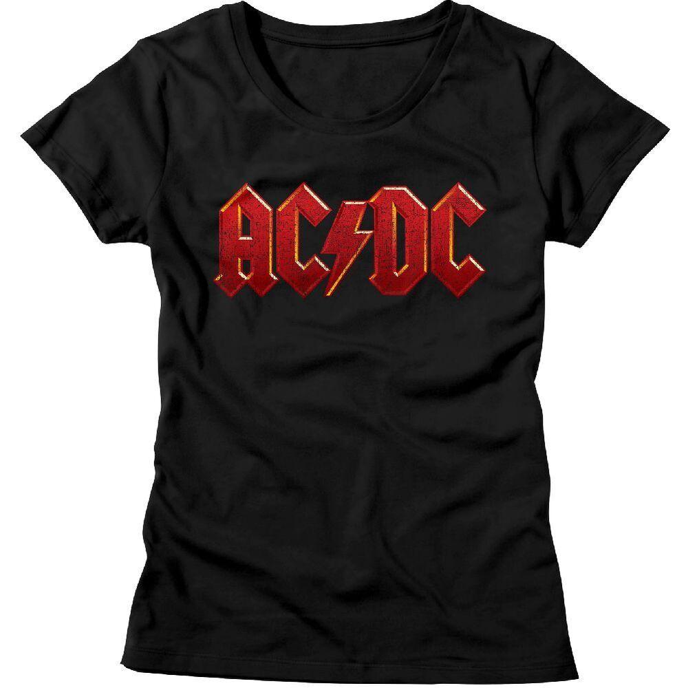Ladies AC/DC Logo Red Distress Black Rock and Roll Music Band T-Shirt