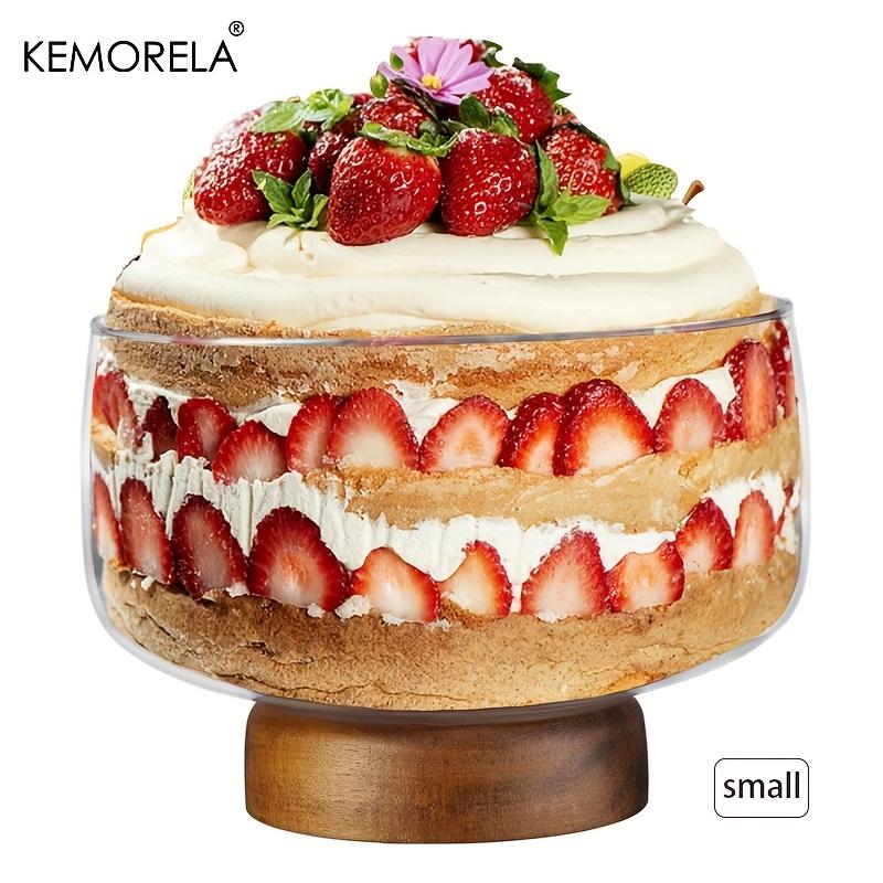 KEMORELA Velká skleněná mísa na dort, elegantní dřevěný stojan, všestranný servírovací tác na dorty, saláty, dezerty - odolný, snadno se čistí