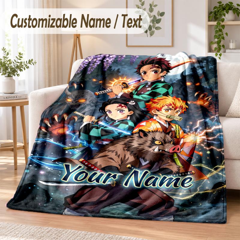 Demon Slayer Custom Name Flannel Throw Blanket Soft Warm for Sofa Bed Indoor Home Use
