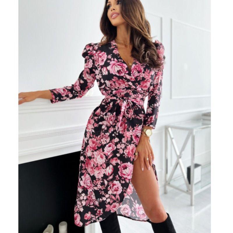 European Station Spring and Autumn New Fashion V-neck Floral Lace-up Waist Split Mid Length Long Length Long-Sleeved Dress Women's Dress