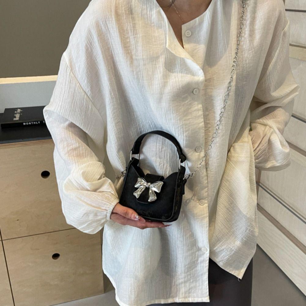 Pu Leather Bow Buckle PU Bag Mini Women's Shoulder Bag Simple Silver Bucket Bag  Makeup Bag
