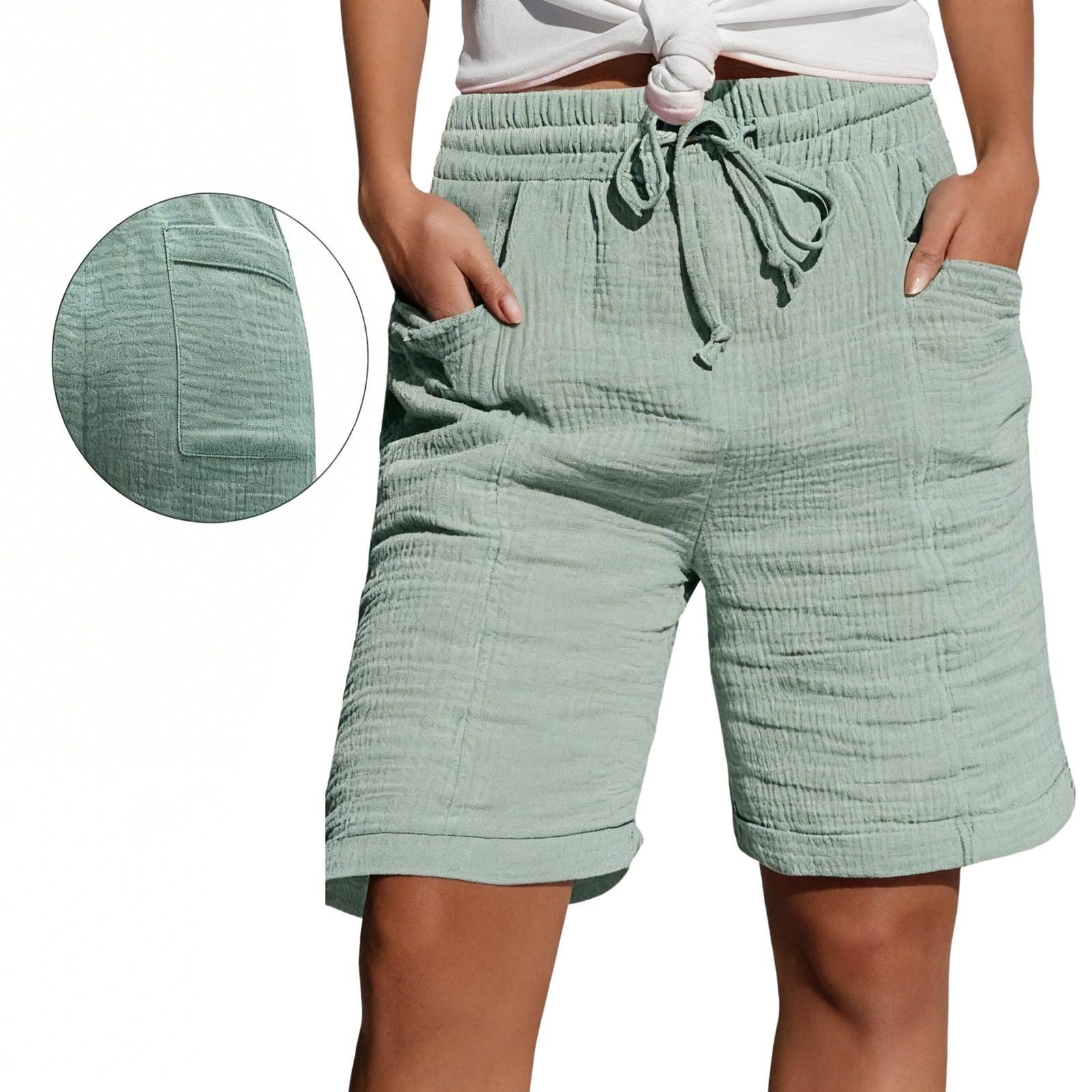 Women s High Waist Drawstring Casual Shorts Elastic Waist Summer Knee Length Bermuda Shorts with Pockets S светло-зеленый