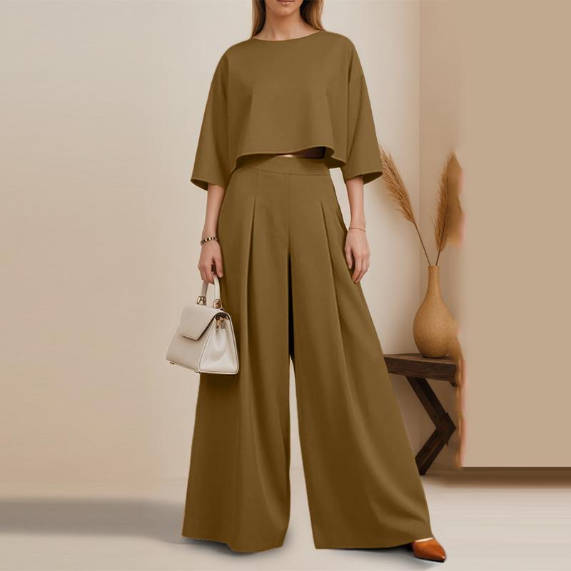 ZANZEA Women 3/4 Sleeve Blouse and Wide Leg Pants Casual Two Piece Suit Sets