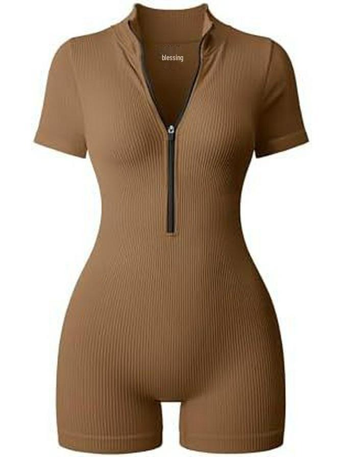 

Женский летний комбинезон для йоги - В рубчик, на молнии, с коротким рукавом, облегающий крой, сексуальный эффект лифтинга бедер, спортивная одежда для фитнеса XL