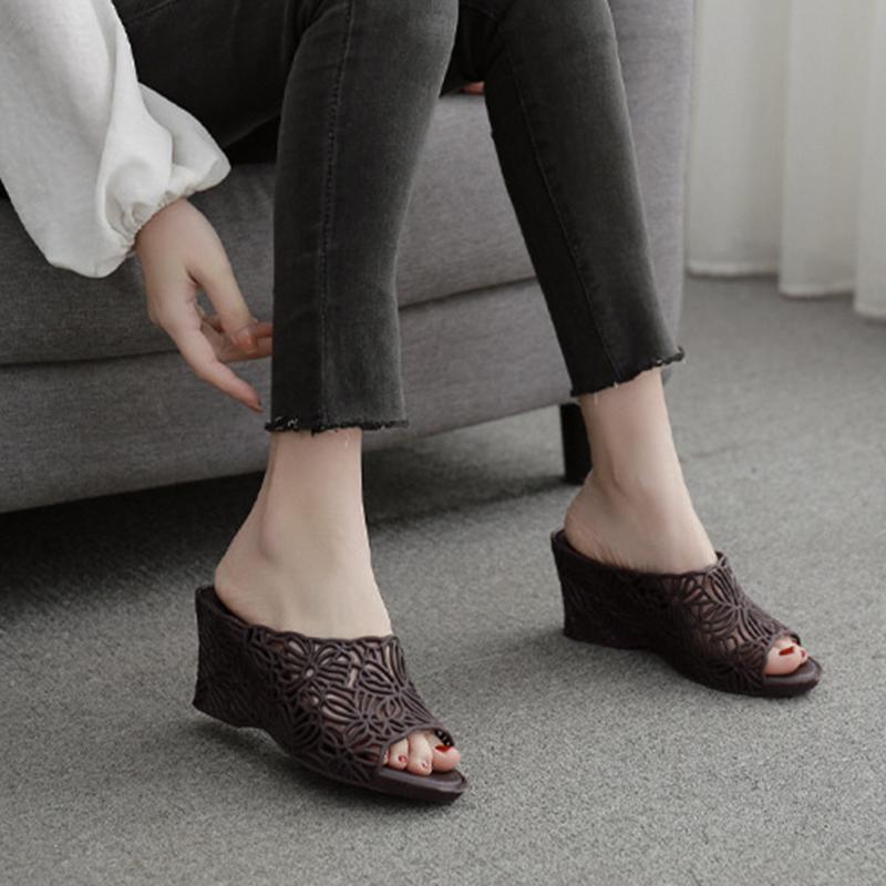 Retro Summer Wedge Shoes for Women's Sandals Open Toe Platform Hollow Flowers Retro Lady High Heel Casual Non-slip Female Sandal
