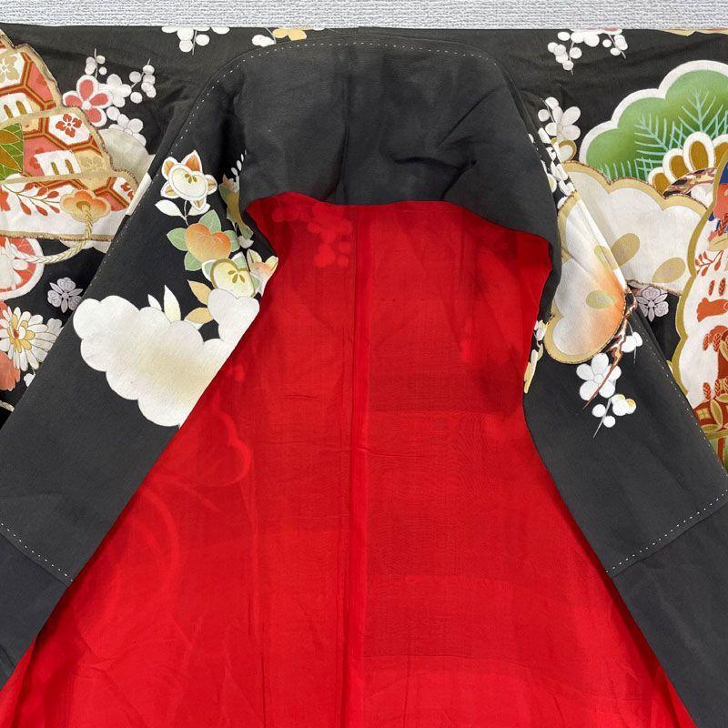 Used 606aa20Antique kimono, furisode, five crests, wave and imperial carriage, retro modern, Taisho Roman, Showa retro, Japanese and Western MIXGood