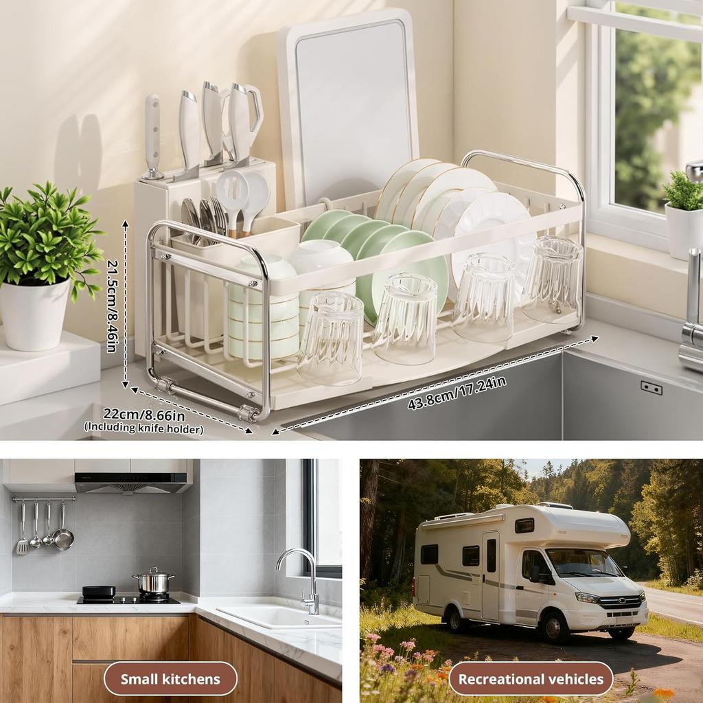 Dish Drying Rack - Compact Dish Drainer for Kitchen Counter with Dishwashing Holder, Drying Organization Storage Sink Rack