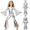 Girls Metallic Disco Jumpsuit Split Flare Legs Long Bell Sleeves Mock Neck Back Invisible Zipper Bodysuit with Matching Headband for Theme Party