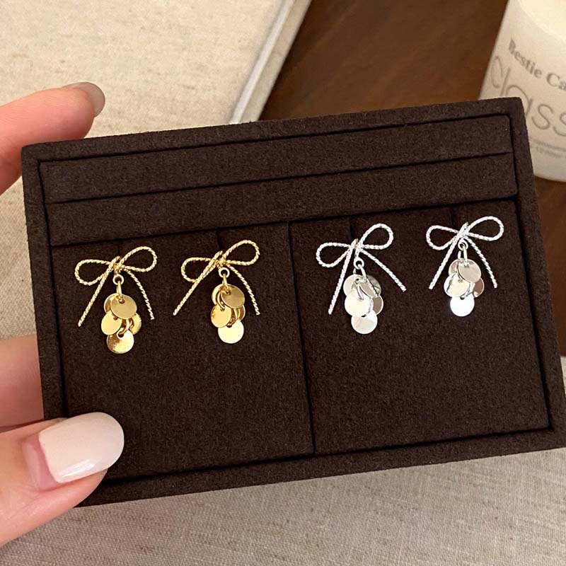 Exquisite Sweet Bow Sequin Pendant Earrings for Women Girls Fashion Geometric Metal Tassel Earrings Wedding Statement Jewelry