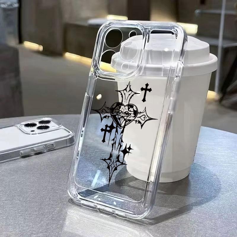 Black Cross Print Soft Silicone Phone Case for iPhone 16 Pro Max 15 14 13 12 11 XS X XR 7 8 Plus Clear Shockproof Bumper Cover