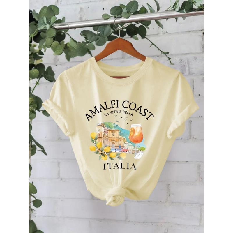 Dámská bavlněná trička s krátkým rukávem, kulatým výstřihem a potiskem