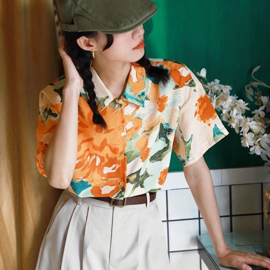 Thai Plant Print Shirt With Short Sleeves And High Elasticity For Casual Summer Wear