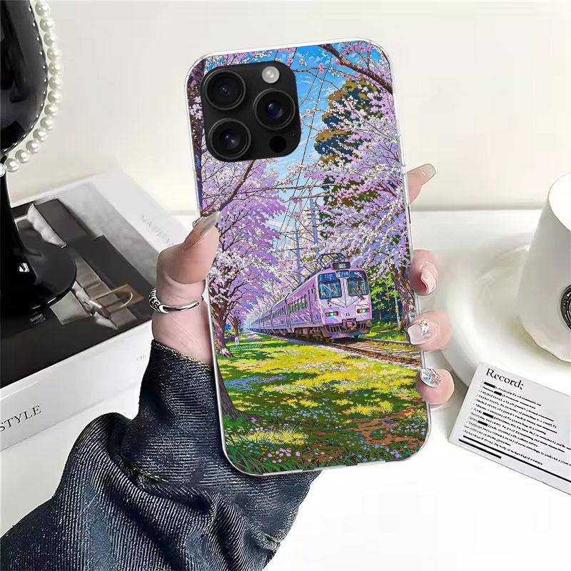 Retro Japanese Sakura Train Soft Phone Case For IPhone 18 11 17 Air 16E 16 Pro Max 15 + 14 Plus 13 Mini 12 Apple 7 SE 8 Fundas Coqu