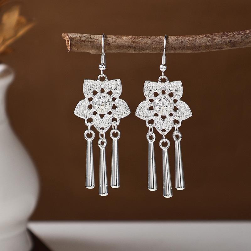 Ethnic Miao Silver Tassel Earrings - Retro Long Dangle Scenic Studs for Women
