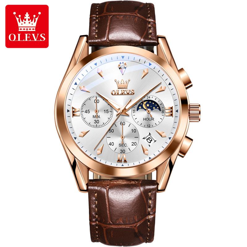 OLEVS Original Moon Phase Chronograph Man Watch Leather Strap Waterproof Luminous Luxury Brand Quartz Wrist Watches for Men