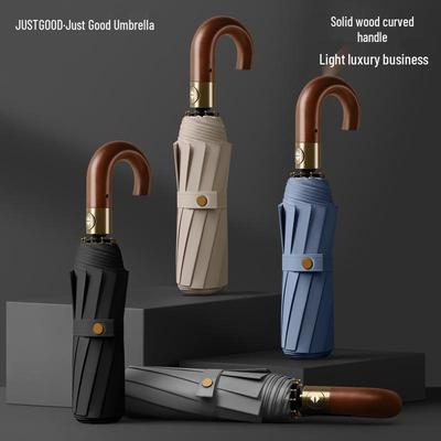 Men's Large Wooden Handle Foldable Windproof Umbrella - Sun & Rain Protection