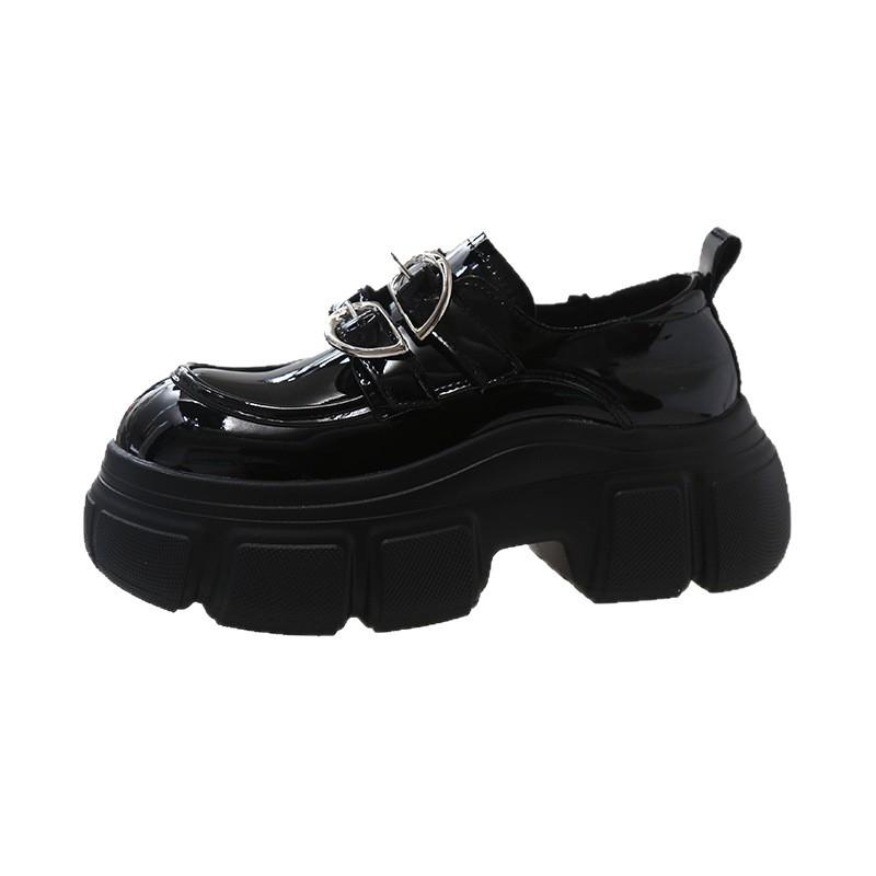 thick-soled double-buckle loafers, leather Velcro thick-heeled women's shoes, versatile muffin-soled leather shoes, high-heeled deep-mouth