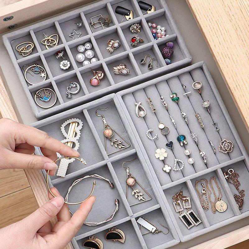 Plyšový organizér na šperky, odnímatelný tác, náušnice, náušnice, prsteny, náhrdelníky, úložný tác, zásuvka, přihrádkový tác