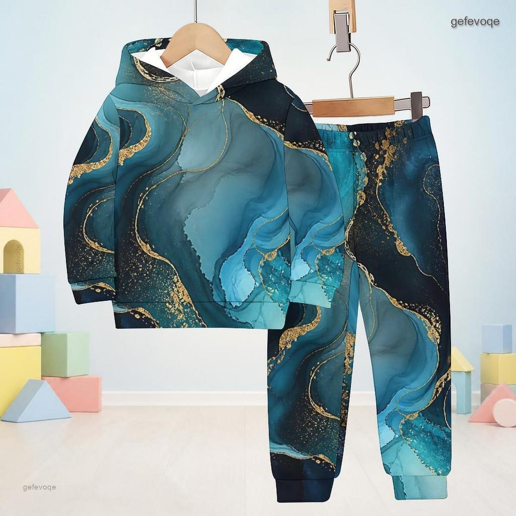 Boys Girls Black Floral Printed Hooded Long Sleeve Sweatshirt Cuffed Pants Two Piece Set