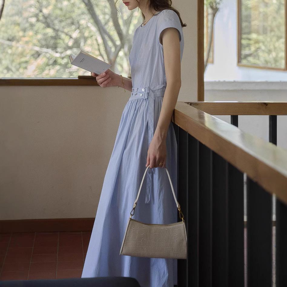 Blue Waist Skirt Simple Casual Short-sleeved Dress Female Summer Cotton A Line Skirt