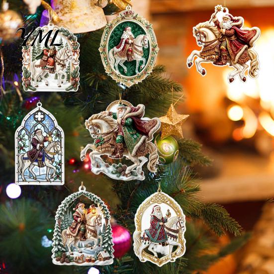 Christmas Fireplace Ornament Santa Riding Horse Ornament, Acrylic Hanging Pendant with String, Indoor Outdoor Decor Festive Tree for Living