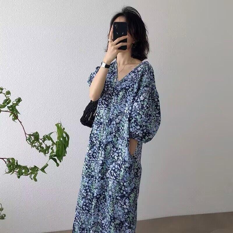 DIMANAF 2025 Women Plus Size Summer Dress Casual Floral Puffsleeve Dress Basic Vintage Loose Long Dress