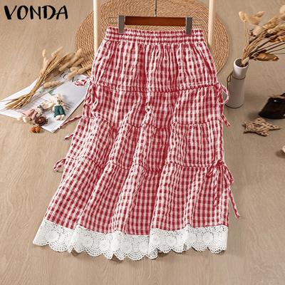 Women Casual Elastic Waist Plaid Lace Hem Skirts