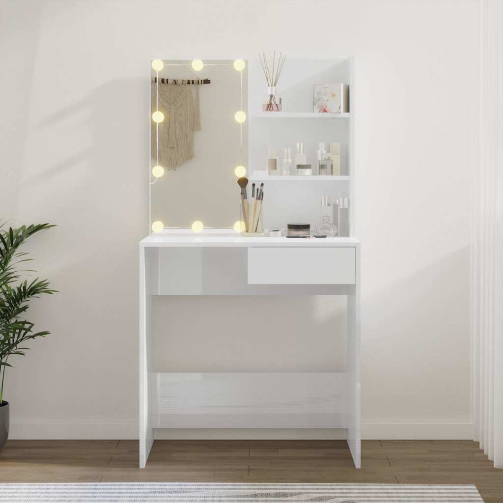 Makeup Table with LED Lights High Gloss White 74.5 x 40 x 141 cm