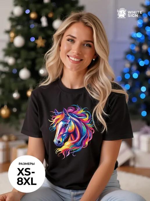 Oversized T-shirt with  Bright Horse  New Year print XL