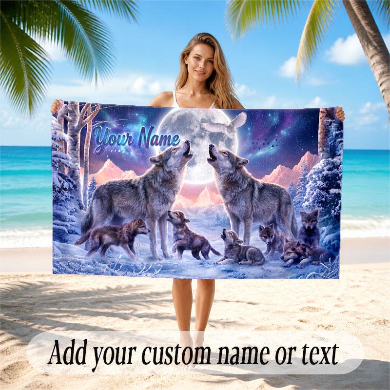 Wolf Theme Beach Towel Personalized Custom Name & Text Soft Quick Dry Beach Towel for Swimming Travel