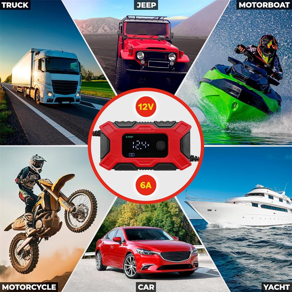 FAST 12V 6A Intelligent Car Motorcycle Battery Charger Smart Digital LCD Display Lead Acid Battery Pulse Charger Maintainer