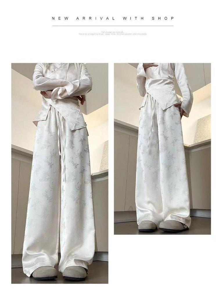 Chinese National Style 2024 Women's Wide-Leg Jacquard High-Waisted Satin Pants