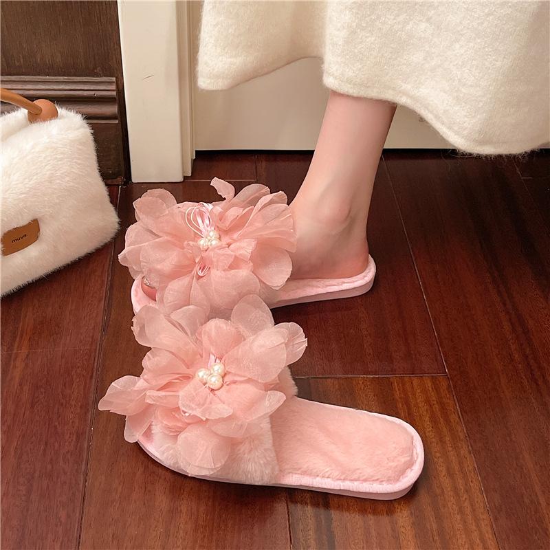 Design sense pearl one-word slippers women's autumn 2025 high-value flower drag with skirt thick-soled women's slippers