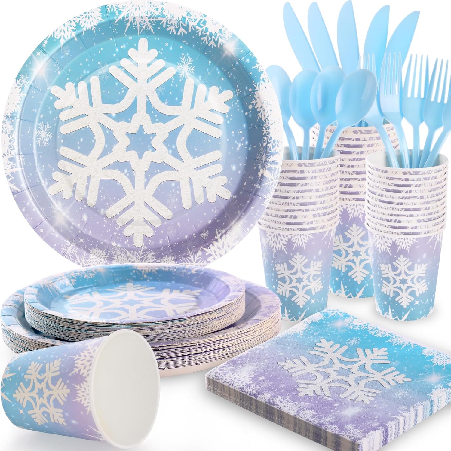 175PCS Snowflake Frozen Birthday Party Supplies, Winter Frozen Plates and Napkins Sets, Disposable Frozen Paper Plates for Birthday Christmas Winter