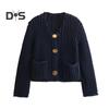 Knit Cropped Cardigan Sweater V-Neck Long Sleeve Buttons Down Loose Fit Sweater Coat with Pockets Solid Color Knitwear