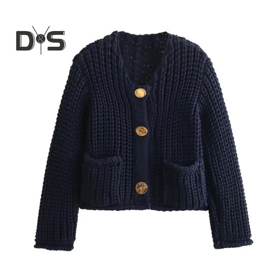 Knit Cropped Cardigan Sweater V-Neck Long Sleeve Buttons Down Loose Fit Sweater Coat with Pockets Solid Color Knitwear
