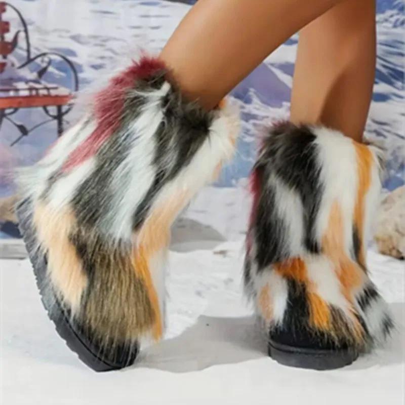 Luxury Women's Snow Boots Colors Long Faux Fur New Fashion Street Platform Shoes Zapatos Mujer Winter New Size 36-43