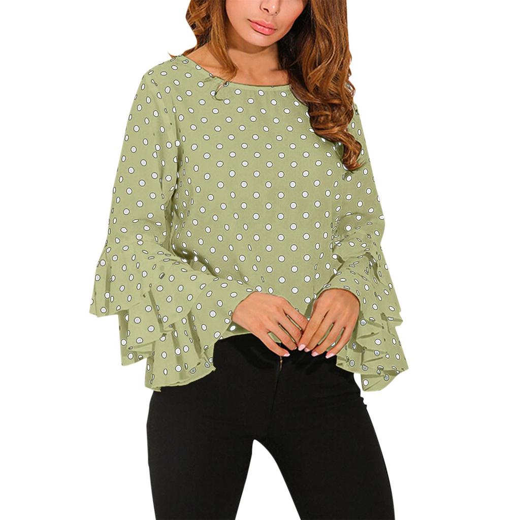 European & American Polka Dot Bell Sleeve Plus Size Chiffon Blouse
