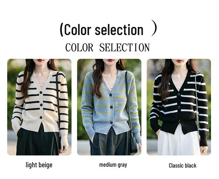 Women's V-Neck Color-Block Wool Cardigan: Autumn/Winter Fashion, Loose Short Cashmere Coat, Skin-Friendly, Warm.