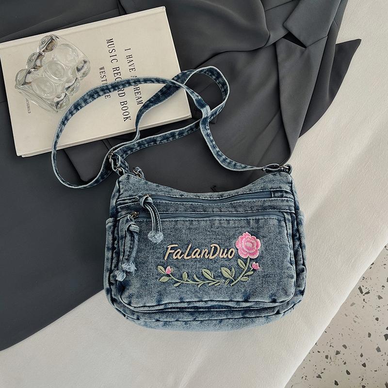 Jeansowa Haftowana Torba na Ramię Damska Torebka Miejska Torba Crossbody