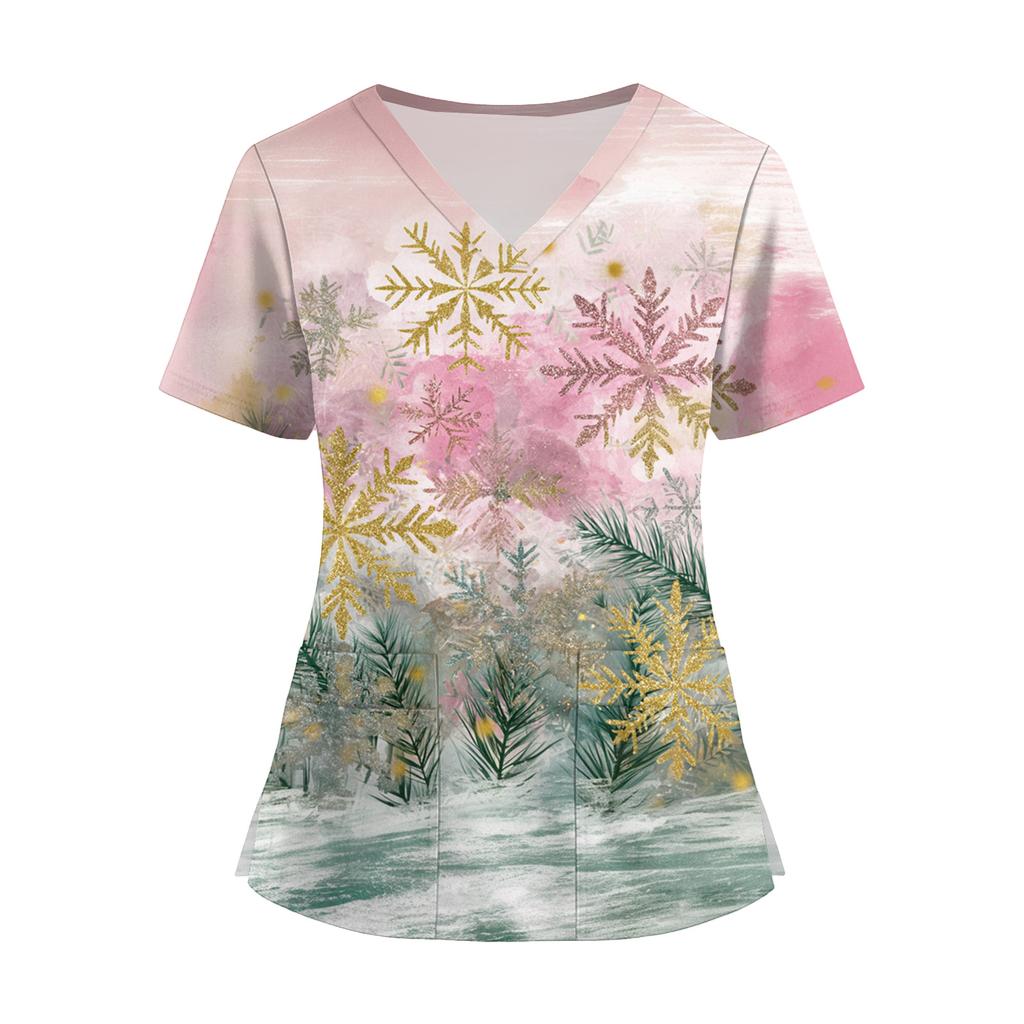 Women's Fashion V-Neck Short Sleeve Overalls With Pockets Print Tops Clothes