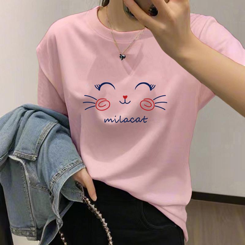

2025 new European loose cotton white short-sleeved t-shirt women s round neck half-sleeved cartoon front shoulder t-shirt top ins 3XL