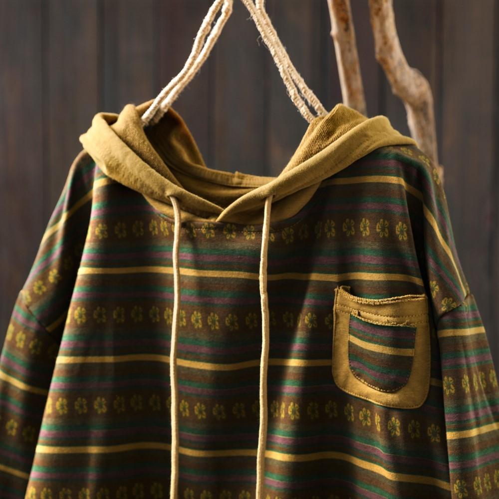Johnature Women Pullover Hooded Striped Long Sleeve  Autumn Patchwork Pockets Casual Loose T-Shirts
